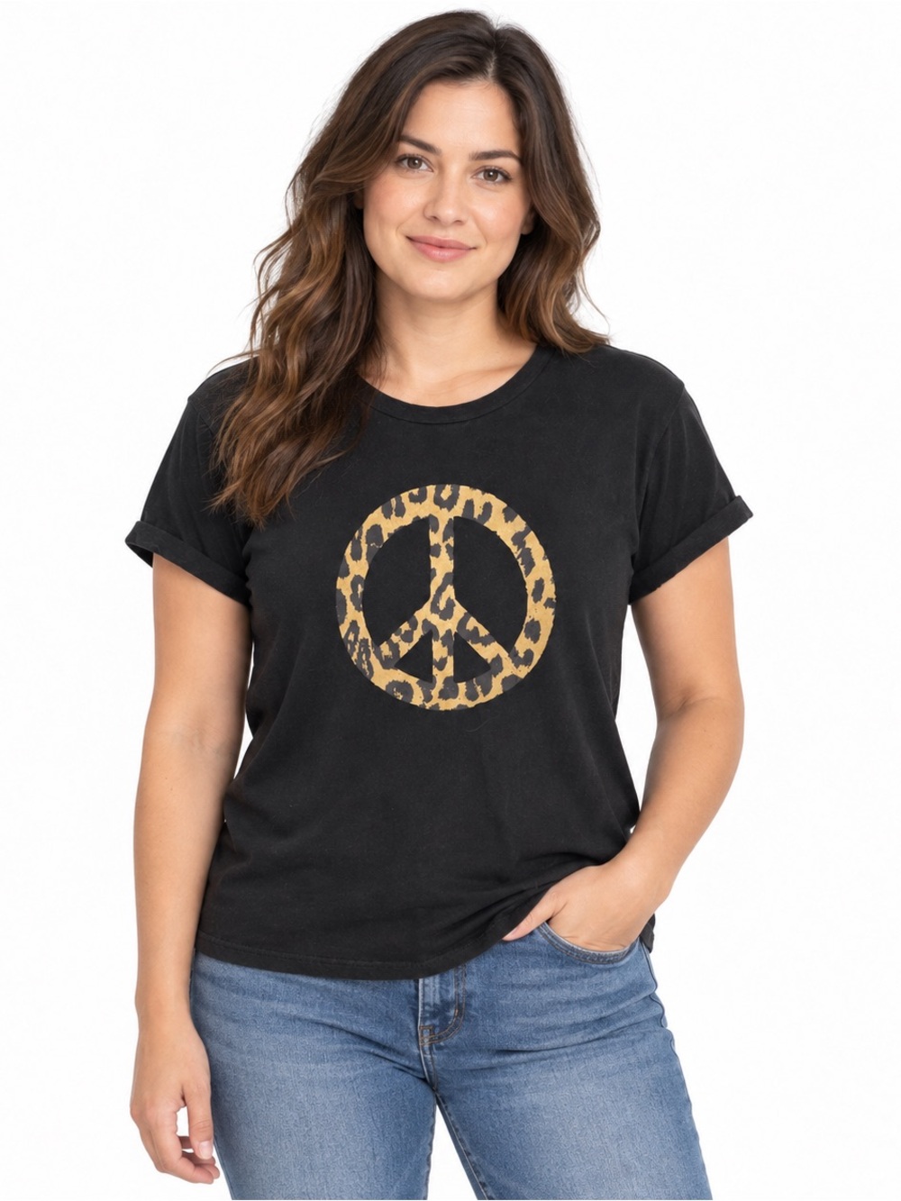 Lucky Brand Women’s Medium Black Leopard Peace Sign Graphic Tee